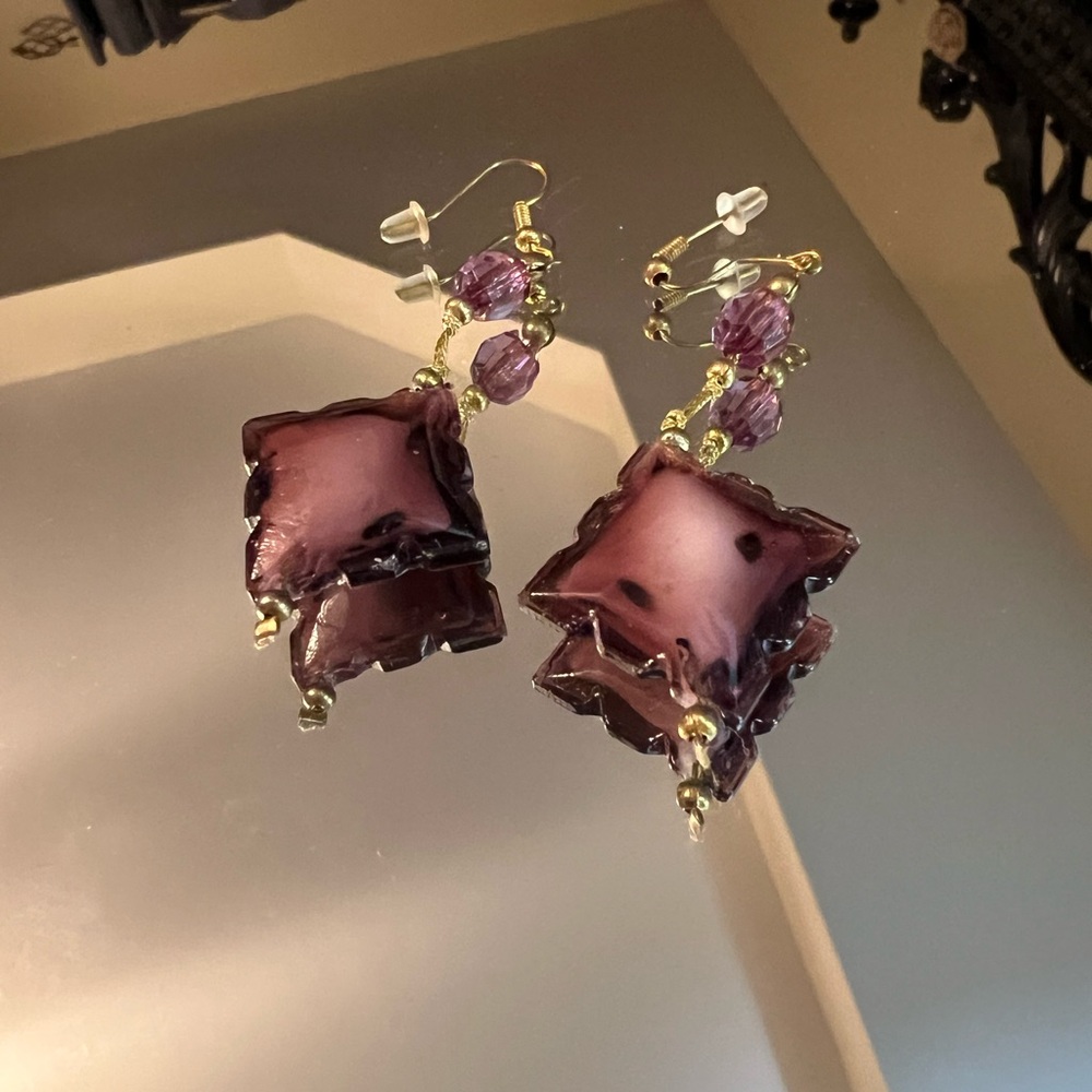 🦋 Purple Glass Bead Drop Earrings - Women Jewelry